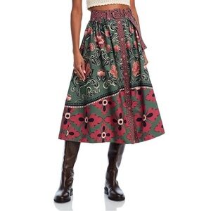 FARM Rio Arabesque Floral Green Buttons Midi Skirt, NWT Size XXS
